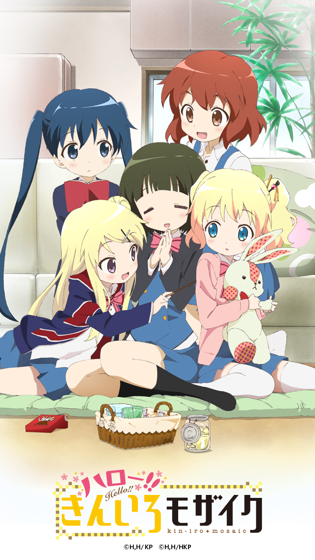 5girls =_= alice_cartelet black_jacket black_socks blonde_hair blue_eyes blue_hair blue_skirt blue_sweater blue_vest blunt_bangs blush book bow bowtie brown_eyes brown_hair buttons cardigan collared_shirt copyright_logo copyright_notice double-breasted everyone eye_contact fang food green_hair hair_bun hair_ornament holding holding_book holding_food holding_stuffed_toy hood hood_down hoodie indoors inokuma_youko jacket kin-iro_mosaic kneehighs komichi_aya kujou_karen long_hair long_sleeves looking_at_another miniskirt moegi_high_school_uniform multiple_girls no_shoes official_art oomiya_shinobu open_cardigan open_clothes open_mouth pink_bow pink_bowtie pink_cardigan pleated_skirt pocky school_uniform shirt short_hair single_side_bun sitting skirt socks striped_bow striped_bowtie striped_clothes stuffed_animal stuffed_rabbit stuffed_toy sweater thighhighs twintails vest wariza white_shirt white_thighhighs window winter_uniform x_hair_ornament yokozuwari