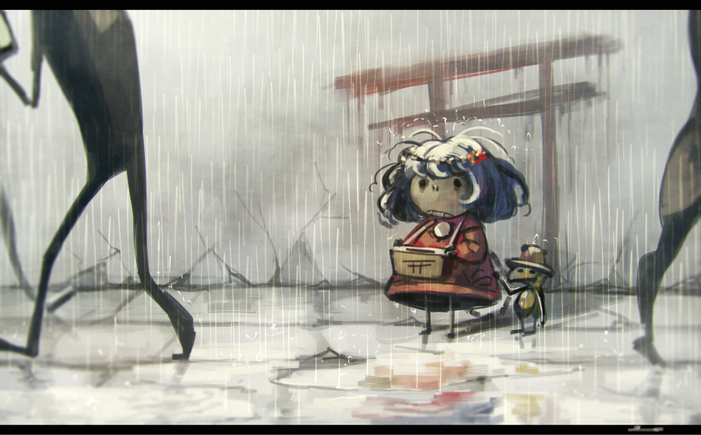 2girls black_hair blue_hair box commentary donation_box dress fang fang_out fangs frog graffiti hat koto_inari letterboxed moriya_suwako moriya_suwako_(frog) multiple_girls rain red_dress short_hair torii touhou yasaka_kanako