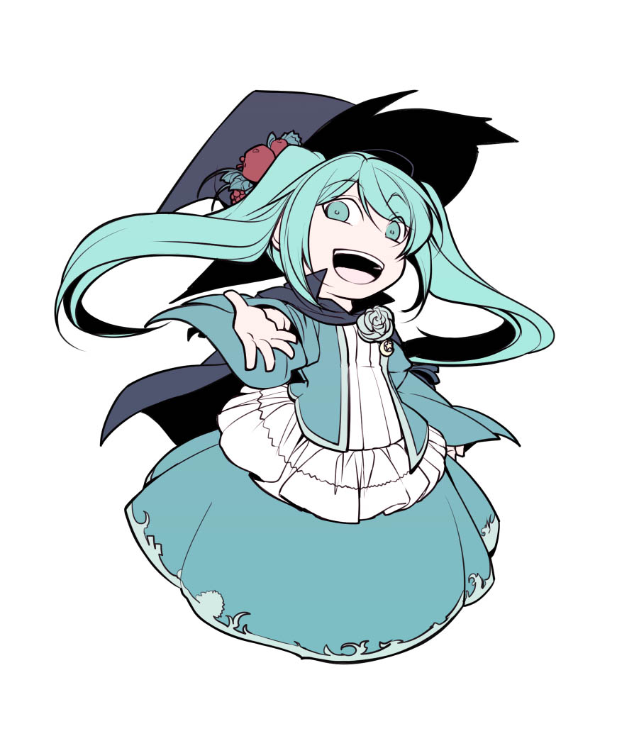 &gt;:d 1girl :d apple aqua_eyes aqua_hair black_cape blue_dress cape crazy_eyes dress evil_smile evillious_nendaiki female_focus flat_color food frilled_dress frills fruit full_body hat hatsune_miku ichi_ka long_hair moonlit_bear_(vocaloid) nemurase_hime_kara_no_okurimono_(vocaloid) open_mouth simple_background smile solo spoilers twintails v-shaped_eyebrows vocaloid witch witch_hat
