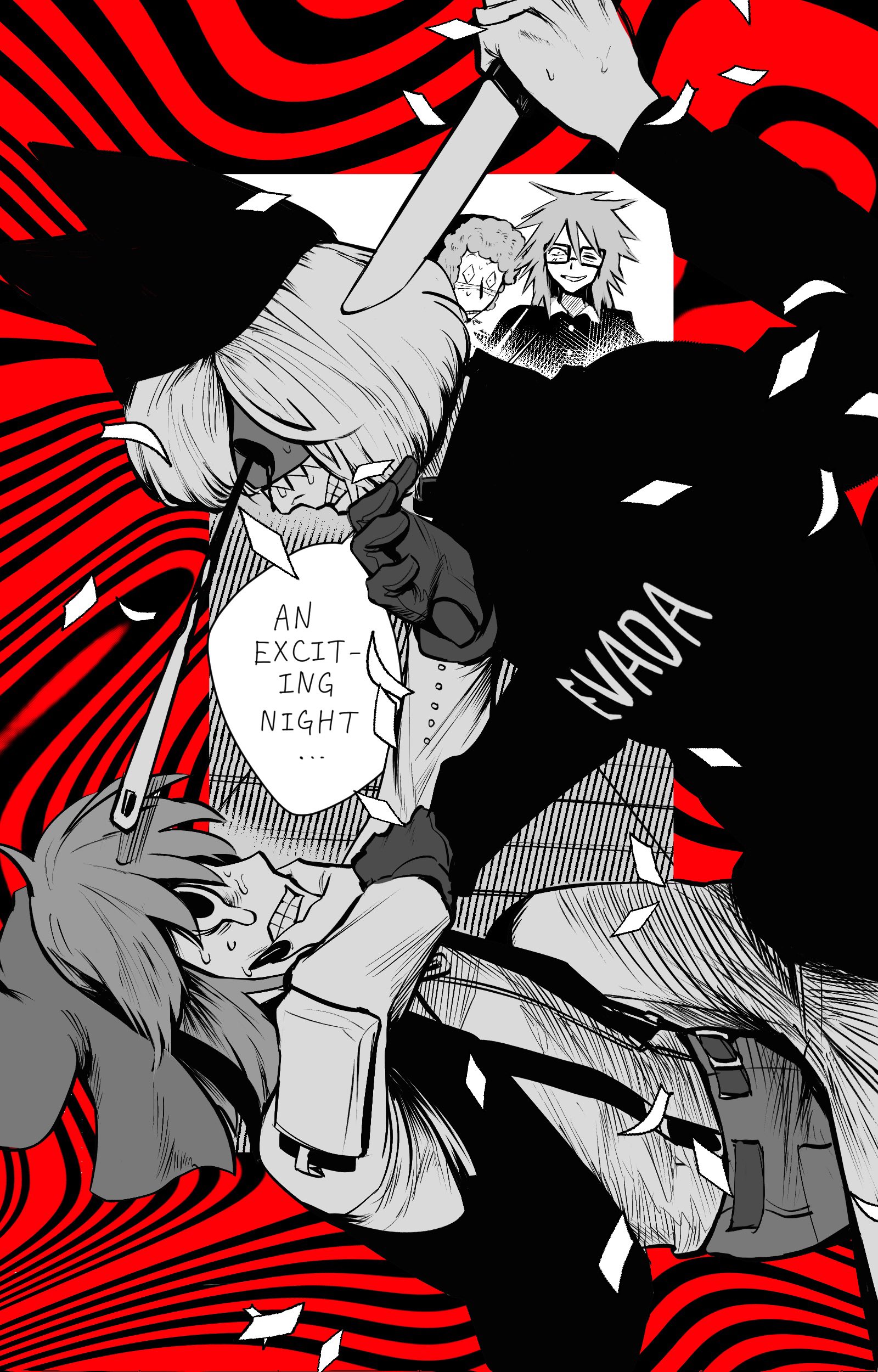 4boys absurdres animal_hat bleeding blood bloody_tears cat_hat clenched_teeth confetti duel english_text fingernails gloves grabbing_another's_arm grabbing_another's_chin greyscale_with_colored_background hand_on_another's_chin hand_on_another's_face hat highres holding holding_knife knife male_focus mask mouse_hat multiple_boys needle nyen_(randal's_friends) present_day_problem_takeuchi_robert pushing_away randal's_friends randal_ivory red_background sebastian_de_tomato_smith_chicken_legs sharp_fingernails short_hair sitting sitting_on_person stab suspenders sweater teardrop teeth turtleneck turtleneck_sweater vest y_ahyahyah
