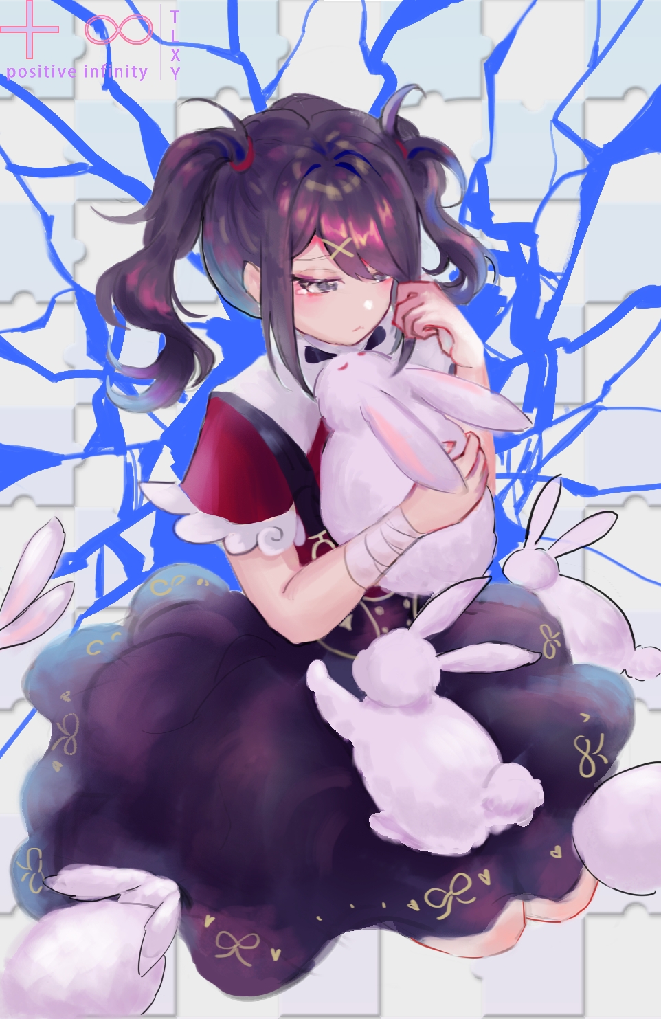 +infinitytlxy 1girl ame-chan_(needy_girl_overdose) animal arm_up bandaged_arm bandages black_hair blue_eyes blunt_bangs crack cracked_glass frilled_sleeves frills hair_ornament highres holding holding_animal holding_rabbit jigsaw_puzzle looking_at_animal neck_ribbon needy_girl_overdose on_floor puzzle rabbit ribbon seiza short_twintails sidelocks sitting skirt solo suspender_skirt suspenders too_many too_many_rabbits twintails x_hair_ornament