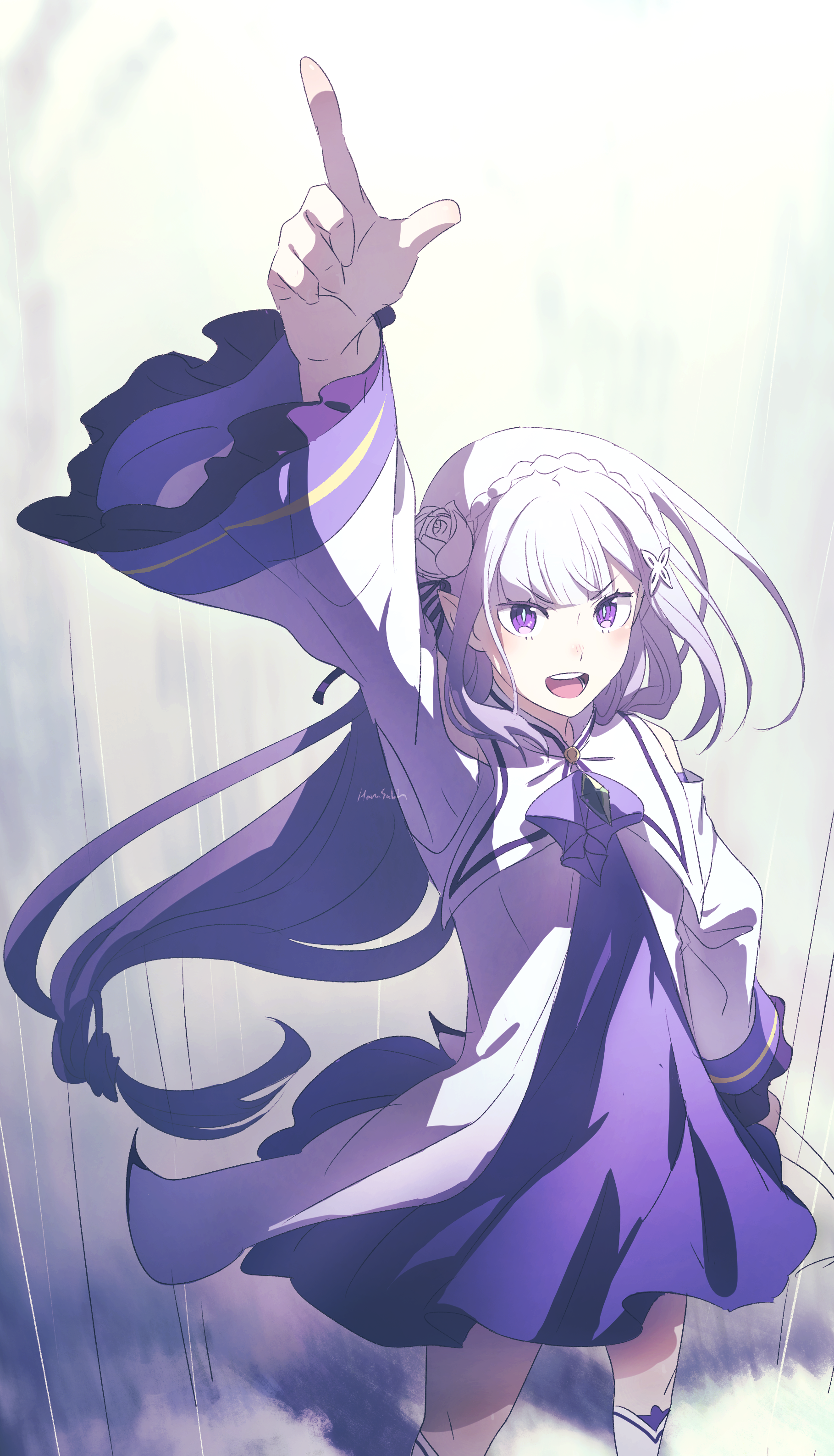1girl absurdres arm_up bad_id bad_pixiv_id braid cowboy_shot crown_braid dress emilia_(re:zero) flower hair_flower hair_ornament hair_ribbon hand_on_own_hip hand_up harusabin highres jacket long_hair long_sleeves open_mouth pointing pointing_up pointy_ears purple_dress purple_eyes purple_ribbon re:zero_kara_hajimeru_isekai_seikatsu ribbon silver_hair solo standing teeth white_flower white_jacket white_legwear