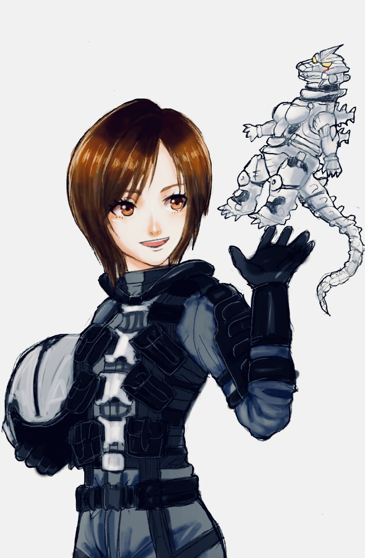 1girl brown_eyes brown_hair cyborg godzilla_(series) godzilla_against_mechagodzilla helmet japan_self-defense_force kaiju kiryu_(godzilla) mecha mechagodzilla military military_uniform military_vehicle military_weapon robot simple_background smile soldier tactical_clothes toho wankodao weapon yashiro_akane