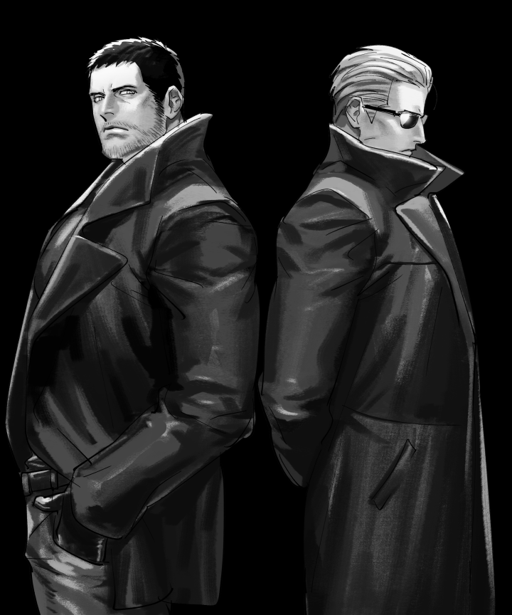 2boys albert_wesker arms_behind_back back-to-back beard black_background chris_redfield closed_mouth coat commentary_request facial_hair gloves greyscale long_sleeves male_focus mature_male mixed-language_commentary monochrome multiple_boys pants resident_evil short_hair sideburns simple_background sunglasses tatsumi_(psmhbpiuczn)