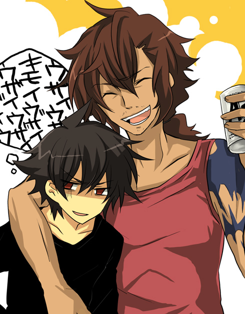 00s 2boys ali_al-saachez brown_hair drink closed_eyes good_end gundam gundam_00 laughing long_hair multiple_boys muscular ponytail red_eyes red_hair setsuna_f._seiei tattoo translation_request urakata_hajime yota_hajime