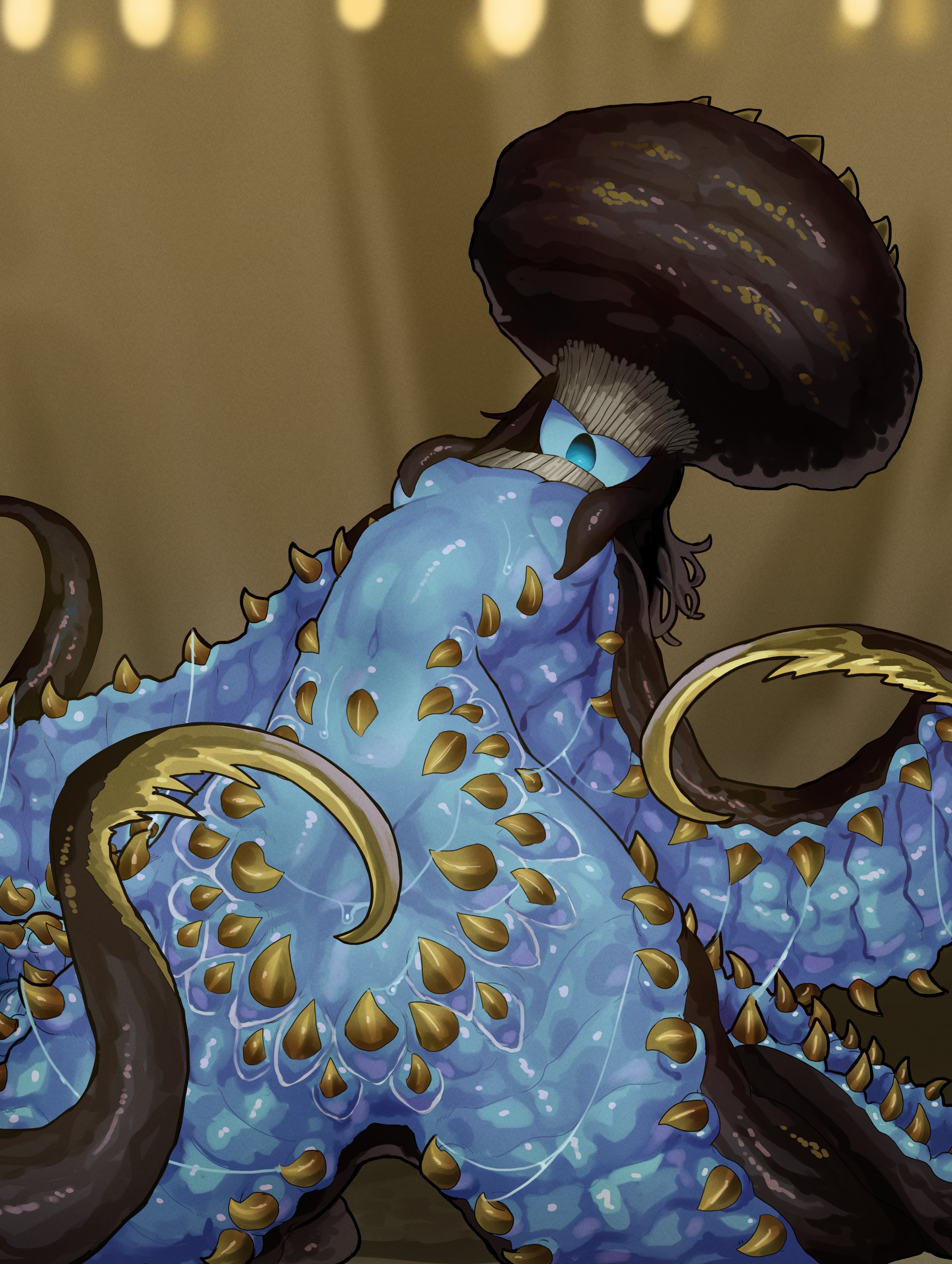 absurdres black_skin blue_skin blue_tongue claws colored_skin colored_tongue convenient_censoring ekrea_jan highres monster_girl monster_hunter_(series) monster_hunter_wilds obscured_eyes open_mouth personification scylla spikes tentacles wet xu_wu