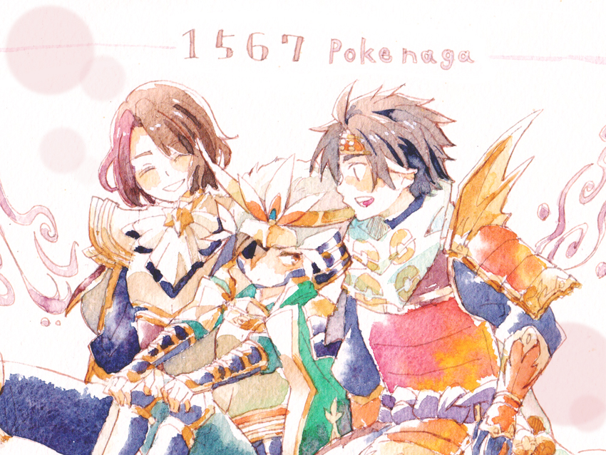 armor ascot blush brown_hair date_masamune english_text eyepatch hands_on_own_knees happy headband helmet japanese_clothes nintendo painting_(medium) poke_ball_print pokemon pokemon_conquest sanada_yukimura_(sengoku_musou) scarf sengoku_musou sitting smile swept_bangs tachibana_muneshige traditional_media watercolor_(medium)