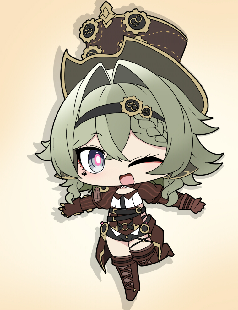 1girl ;d black_hairband black_shorts boots braid brown_background brown_boots brown_gloves brown_hat chibi drop_shadow full_body gears gloves gradient_background grey_eyes hair_between_eyes hair_intakes hairband hat honkai_(series) honkai_impact_3rd long_sleeves looking_at_viewer nabeiro_kin one_eye_closed open_mouth puffy_long_sleeves puffy_sleeves shirt short_shorts shorts shrug_(clothing) smile solo standing standing_on_one_leg thigh_boots vill-v white_background white_shirt
