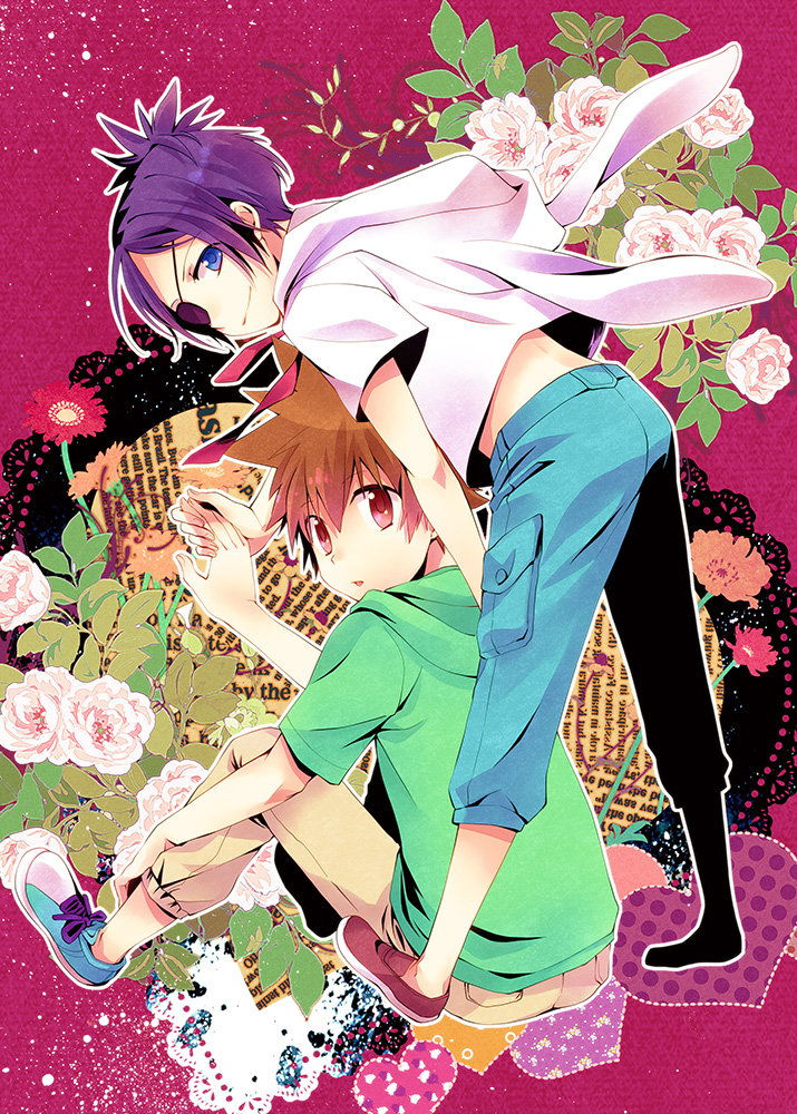 1boy animal_hood blue_eyes brown_eyes brown_hair rabbit_hood chrome_dokuro commentary_request denim eyepatch hood jeans katekyo_hitman_reborn! looking_at_viewer pants purple_hair rokudou_mukuro sawada_tsunayoshi short_hair smile