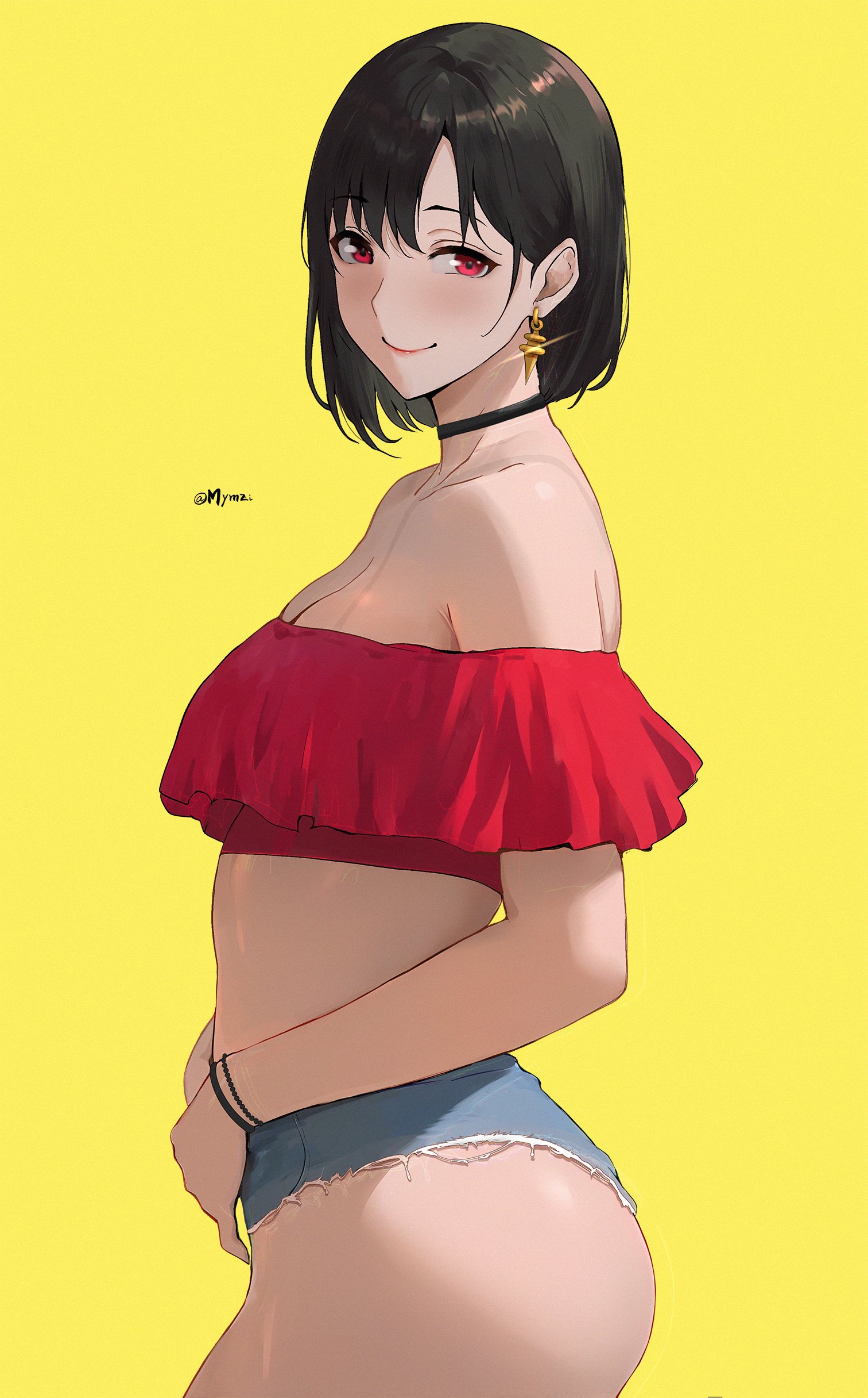 1girl absurdres alternate_costume alternate_hair_length alternate_hairstyle ass bare_shoulders black_choker black_hair bracelet breasts choker closed_mouth crop_top cutoffs denim denim_shorts earrings floating_earrings frilled_tube_top frills from_side glint highres jewelry micro_shorts mymzi red_eyes short_hair shorts smile solo spy_x_family strapless tube_top twitter_username yellow_background yor_briar
