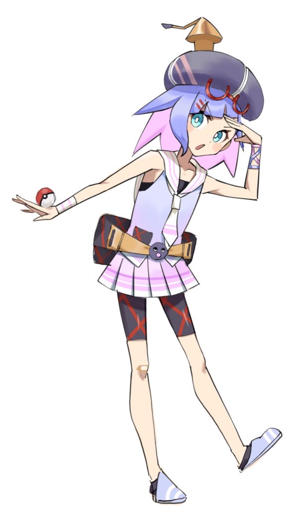1girl :o alternate_hair_length alternate_hairstyle bare_shoulders belt beret bike_shorts bike_shorts_under_skirt black_undershirt blue_eyes blue_hair blue_shirt blush collarbone colored_inner_hair commentary_request diagonal_bangs eyewear_on_head full_body glasses gradient_clothes gradient_shirt hat hiragi_sage leaning_forward looking_at_viewer medium_hair miniskirt multicolored_hair necktie nintendo otomachi_una otomachi_una_(talkex) pink_hair pink_skirt pleated_skirt poke_ball pokemon pokemon_swsh sailor_collar school_uniform serafuku shading_eyes shirt simple_background skirt slippers solo standing standing_on_one_leg talkex vocaloid white_background white_necktie white_sailor_collar wristband