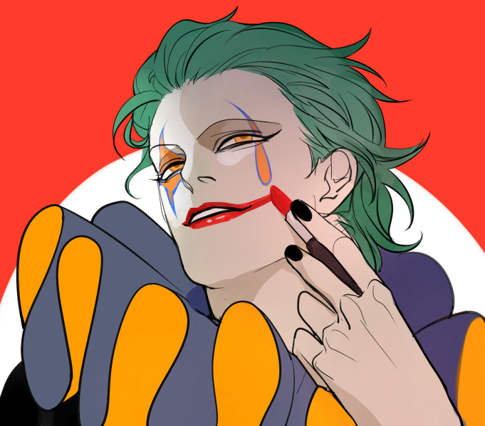 1boy alternate_hair_color clown facepaint green_hair hisoka_morow hunter_x_hunter kilva_lollop lipstick makeup male_focus neck_ruff simple_background solo yellow_eyes