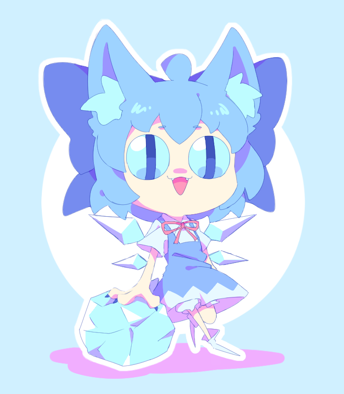 &lt;|&gt;_&lt;|&gt; 1girl animal_ears blue_background blue_dress blue_hair blue_sclera cat_ears cirno cirno_day colored_sclera commentary dress fangs full_body guuchama ice ice_wings kemonomimi_mode looking_at_viewer neck_ribbon open_mouth pinafore_dress red_ribbon ribbon shirt short_hair sleeveless sleeveless_dress smile solo touhou white_shirt wings
