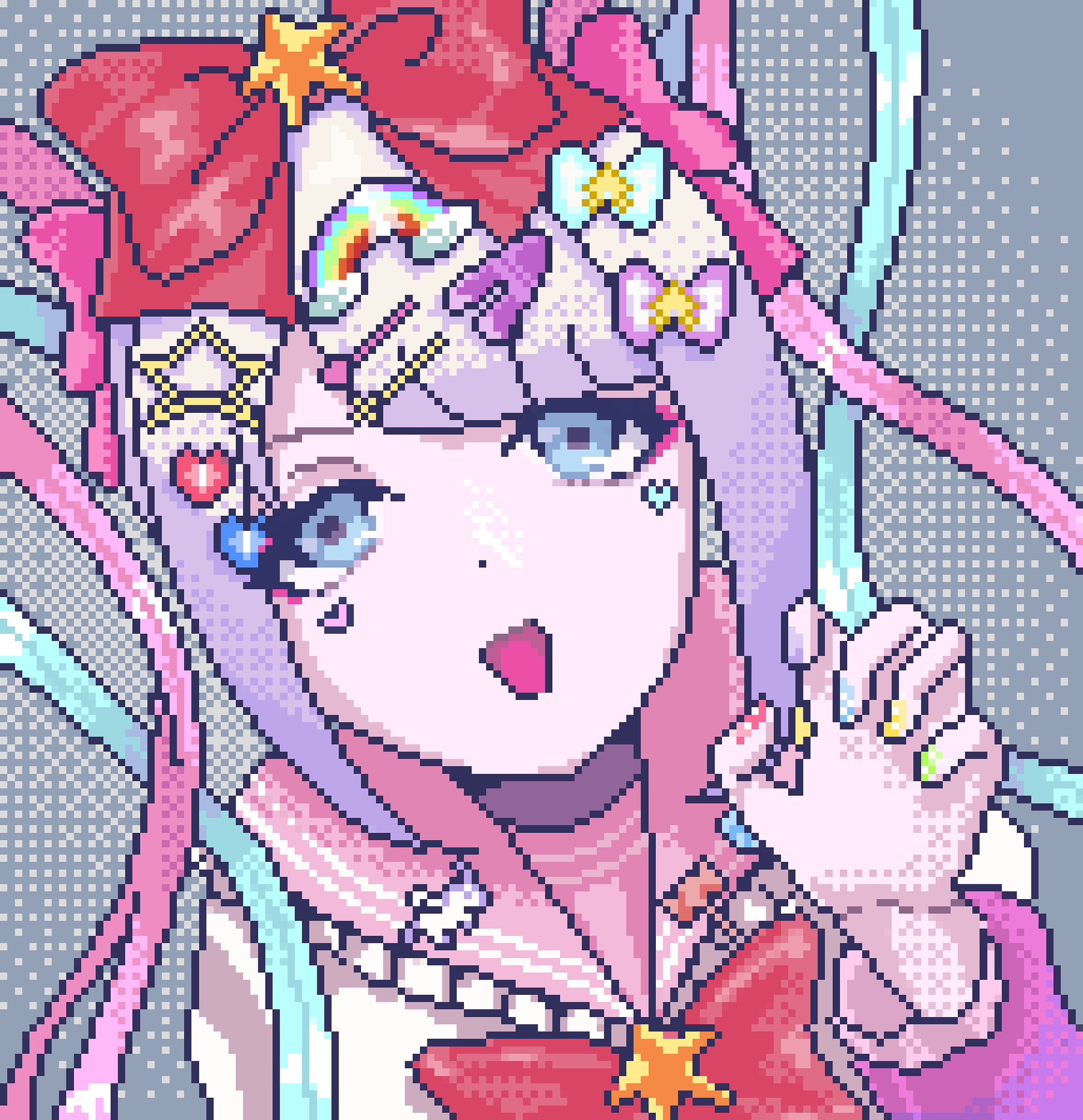 blue_eyes blue_hair bow chouzetsusaikawa_tenshi-chan chouzetsusaikawa_tenshi-chan_(nidiga_tozai) colored_tips dithering from_above hair_bow hair_ornament hairclip heart heart_hair_ornament highres koharustuki looking_at_viewer multicolored_hair multiple_hair_bows nail_polish neck_ribbon needy_girl_overdose open_mouth outstretched_hand pink_hair pink_shirt pixel_art quad_tails rainbow_hair_ornament ribbon sailor_collar shirt sidelocks star_(symbol) star_hair_ornament