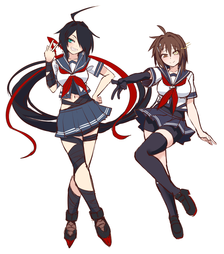 2girls ahoge black_hair black_sailor_collar black_skirt black_thighhighs breasts brown_hair elbow_gloves furutaka_(kancolle) furutaka_kai_ni_(kancolle) gloves glowing glowing_eye green_eyes hair_over_one_eye heterochromia kako_(kancolle) kako_kai_ni_(kancolle) kantai_collection long_hair medium_breasts messy_hair multiple_girls neckerchief parted_bangs pleated_skirt ponytail red_neckerchief sailor_collar school_uniform serafuku shirt short_hair simple_background single_elbow_glove single_thighhigh skirt thighhighs udukikosuke v white_background white_shirt yellow_eyes