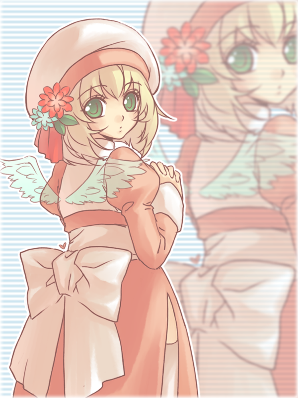 1girl back_bow blonde_hair blue_background blue_flower blue_wings bow commentary_request dress feathered_wings flower from_behind green_eyes hat hat_flower hat_ornament high_priest_(ragnarok_online) juliet_sleeves koyuki_(rico) leaf_hat_ornament long_sleeves looking_at_viewer looking_back medium_hair own_hands_together pink_dress puffy_sleeves ragnarok_online red_flower sash see-through_wings solo striped_background tam_(ragnarok_online) thighhighs two-tone_dress white_bow white_dress white_hat white_sash white_thighhighs wings zoom_layer