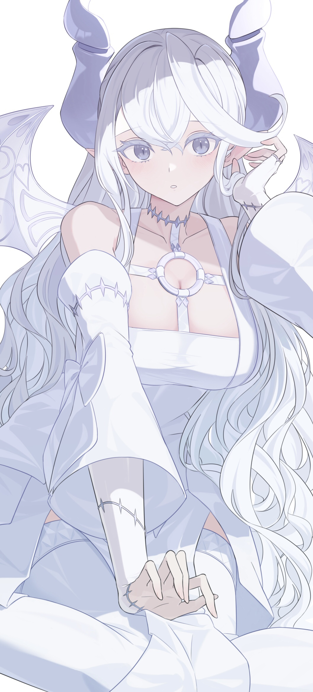 1girl bare_shoulders breasts cleavage collarbone demon_girl demon_horns demon_wings detached_sleeves dress drill_hair duel_monster heichi highres horns lady_labrynth_of_the_silver_castle large_breasts light_blush long_hair looking_at_viewer lovely_labrynth_of_the_silver_castle official_alternate_costume open_mouth pointy_ears simple_background solo transparent_wings twin_drills white_background white_dress white_eyes white_hair wings yu-gi-oh!