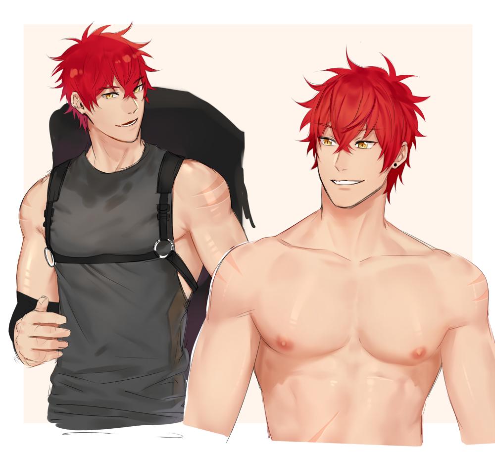 1boy abs backpack bag black_tank_top earrings jewelry male_focus muscular muscular_male nipples open_mouth original red_hair short_hair single_earring smile tank_top teeth topless_male yellow_eyes zhineart