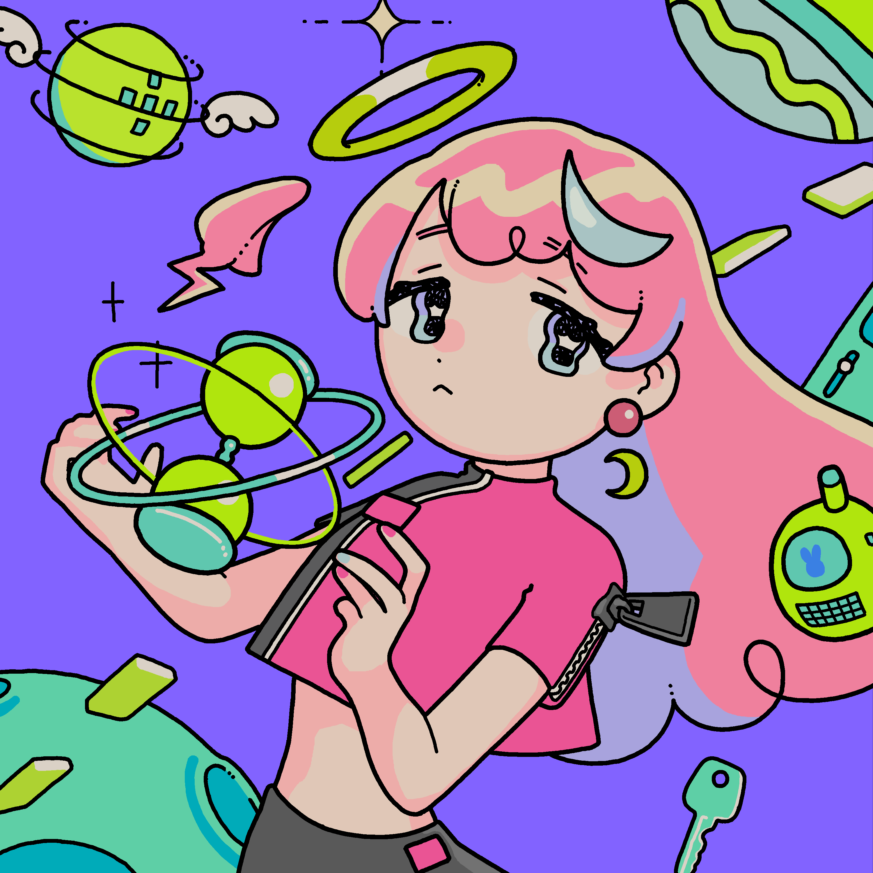 1girl :&lt; abstract abstract_background absurdres blue_eyes blue_hair cellphone clock crescent crop_top crop_top_overhang green_halo halo highres hourglass key light_blue_hair midriff multicolored_hair original phone pink_hair planet purple_background shuujuu_misobata simple_background star_(symbol) symbol-shaped_pupils two-tone_hair zipper