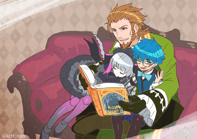 10s 1girl 2boys a_midsummer_night&#039;s_dream alice_(fate) beard blue_eyes blue_hair bow bowtie brown_eyes brown_hair couch facial_hair fate/apocrypha fate/extra fate/extra_ccc fate/grand_order fate_(series) glasses hans_christian_andersen_(fate) kiritachi multiple_boys nursery_rhyme_(fate) nursery_rhyme_(fate/grand_order) reading sleeping white_hair william_shakespeare_(fate)