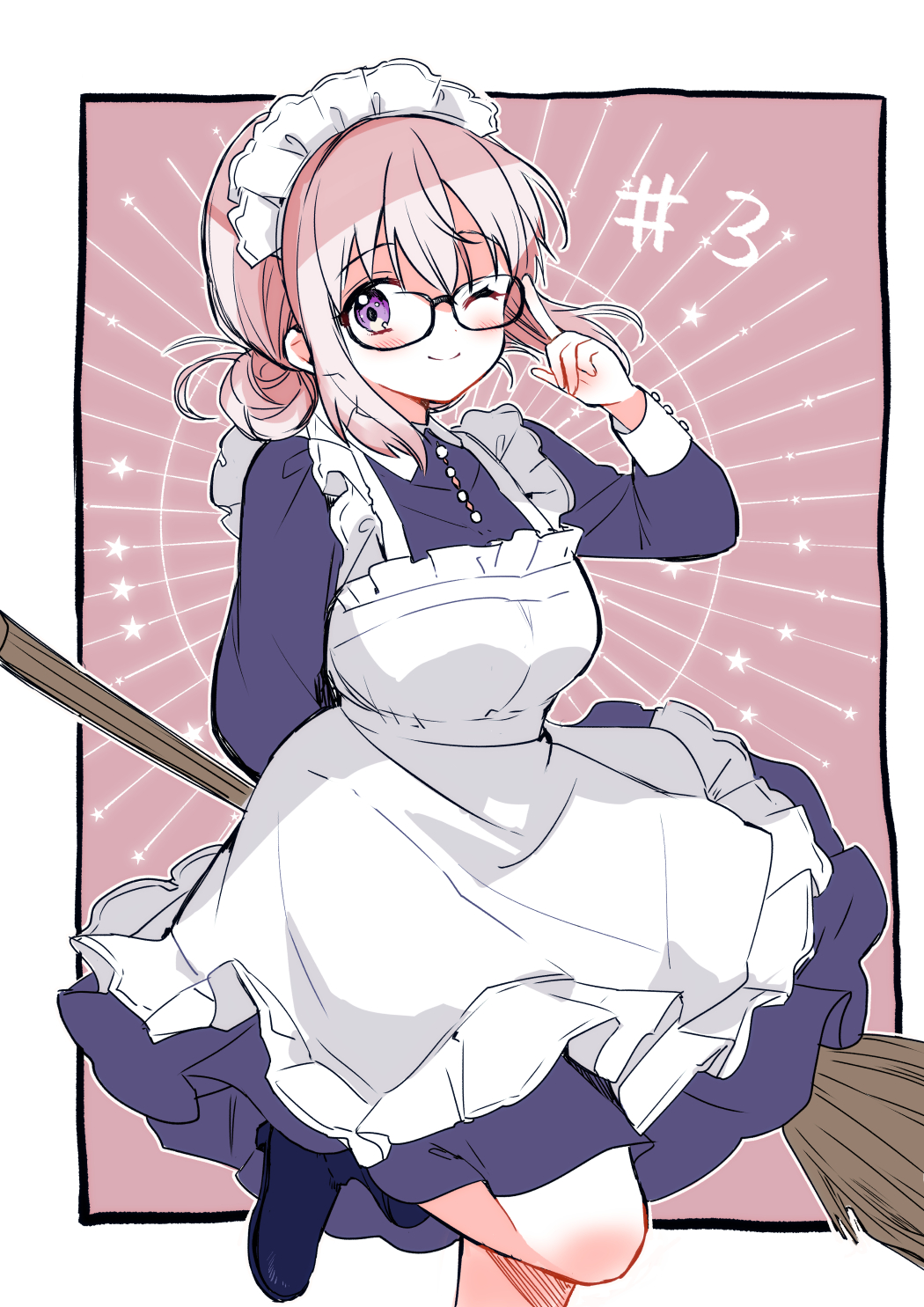 1girl apron blue_dress blue_shirt blush border breasts broom buttons chapter_number closed_mouth collared_shirt commentary_request cowboy_shot cuffs dress floating_hair hara_yui highres holding holding_broom knee_blush large_breasts leg_up long_sleeves maid maid_apron maid_headdress majo_wa_mangetsu_ni_saku medium_breasts medium_hair minato_shima official_alternate_costume official_art one_eye_closed outline outside_border pink_hair pleated_apron pleated_dress purple_eyes shirt solo star_(symbol) white_border white_outline wrist_cuffs