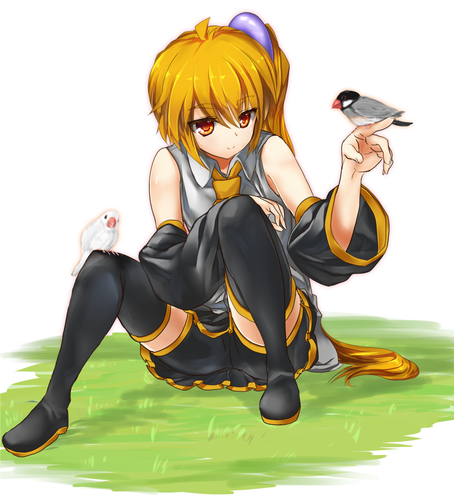 1girl akita_neru bird blonde_hair boots detached_sleeves java_sparrow long_hair magu_(mugsfc) sitting thigh_boots thighhighs very_long_hair vocaloid white_java_sparrow yellow_eyes
