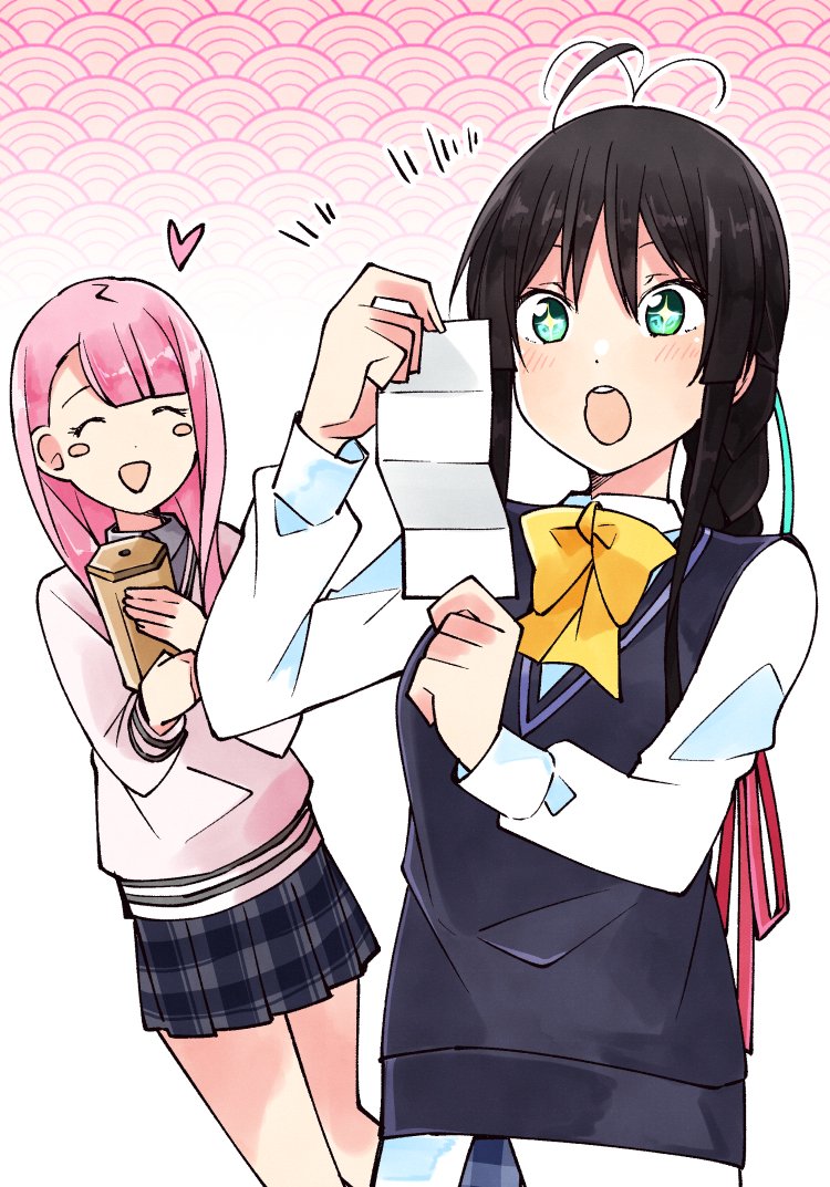 +_+ 22/7 2girls :d :o ^_^ antenna_hair asymmetrical_bangs black_hair black_skirt black_vest blunt_bangs blush_stickers bow braid braided_ponytail closed_eyes collared_shirt green_eyes green_ribbon hair_ribbon happy heart holding holding_paper kamiki_mikami long_hair long_sleeves looking_at_object multiple_girls notice_lines omikuji open_mouth paper pink_hair plaid_clothes plaid_skirt pleated_skirt red_ribbon ribbon school_uniform shirt sidelocks skirt smile standing star_(symbol) star_in_eye symbol_in_eye teeth trefle_r upper_teeth_only vest white_shirt yagami_toa yellow_bow