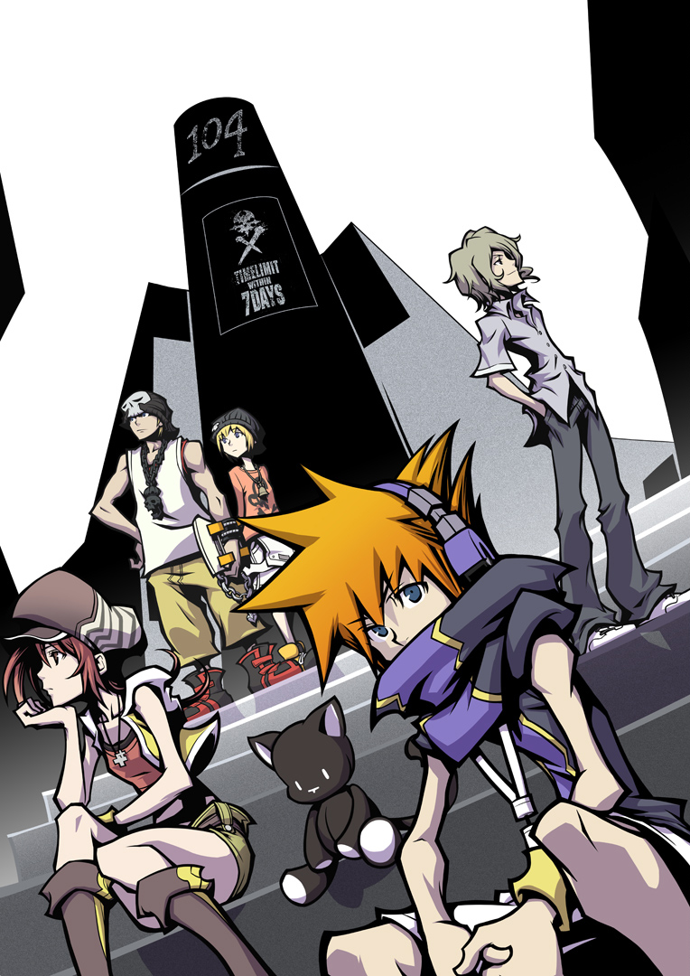 2girls 3boys arm_support arms_behind_back arms_on_knees bell bito_daisukenojo bito_raimu blonde_hair blue_eyes boots building cabbie_hat city covered_mouth green_skirt grey_hair grey_shirt hand_on_own_hip hand_on_own_chin hands_together hat headphones high_collar holding holding_skateboard jewelry kiryu_yoshiya knee_boots kobayashi_gen long_sleeves miniskirt misaki_shiki mp3_player nyantan multicolored_shirt multiple_boys multiple_girls necklace nomura_tetsuya official_art open_collar orange_hair orange_shirt sakuraba_neku shirt sitting sitting_on_stairs skateboard skirt skull_necklace skull_print sleeveless sleeveless_shirt stairs stuffed_animal stuffed_cat stuffed_toy subarashiki_kono_sekai