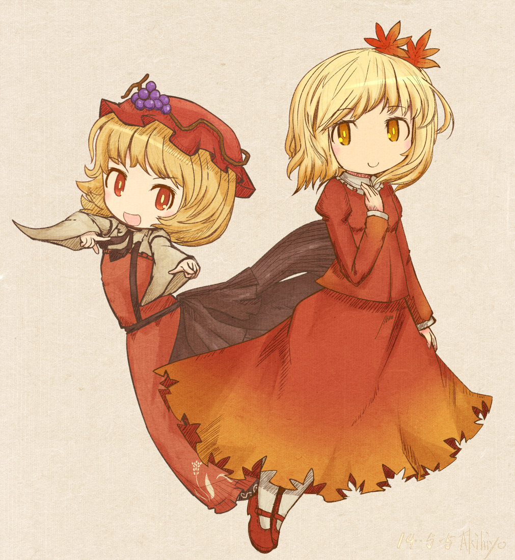 2girls aki_minoriko aki_shizuha akihiyo artist_name blonde_hair brown_background dated dress food fruit grapes hair_ornament hat leaf leaf_hair_ornament looking_at_viewer multiple_girls open_mouth pointing pointing_at_viewer red_eyes short_hair siblings simple_background sisters skirt_hold smile touhou yellow_eyes