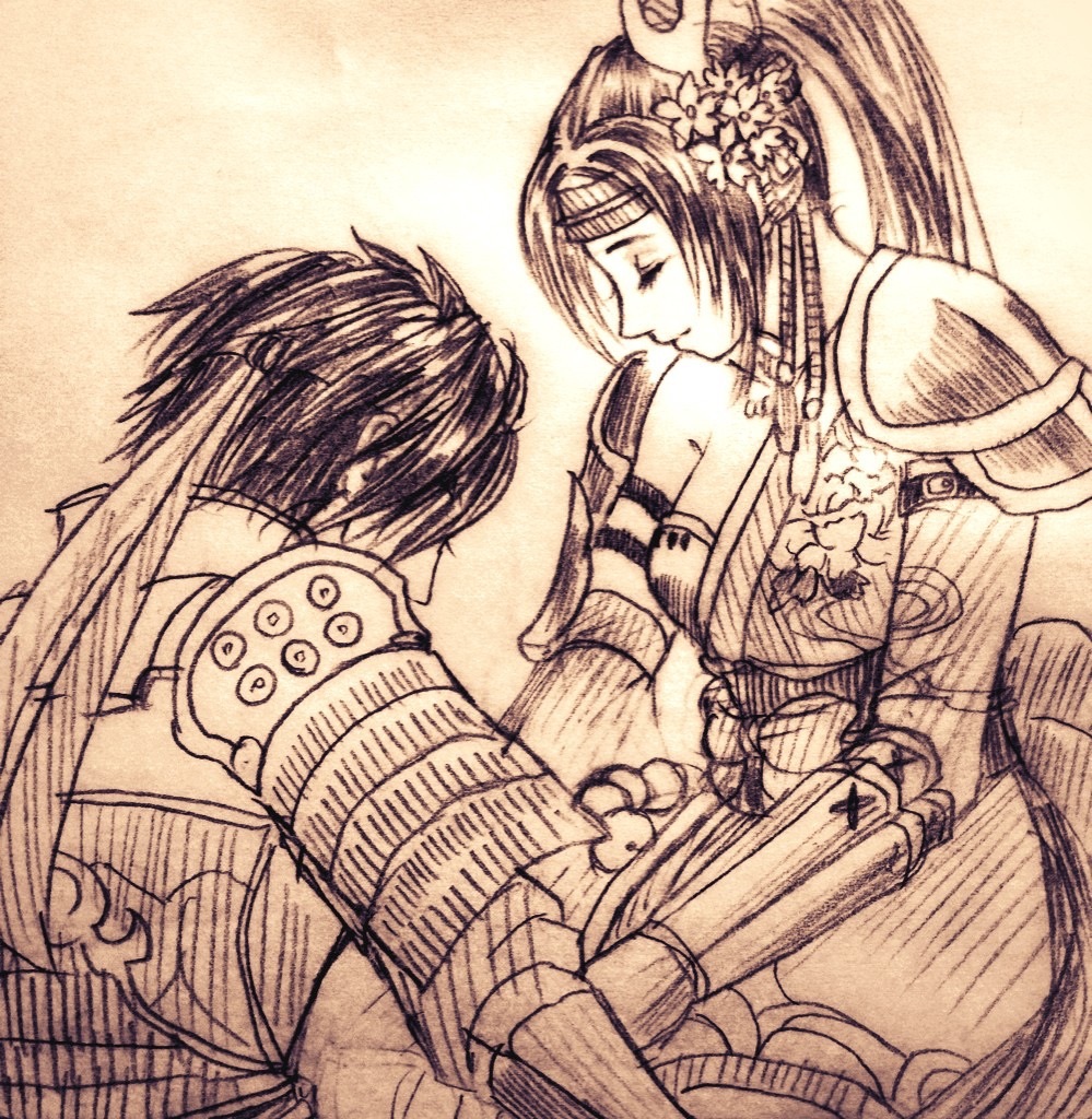 armor black_hair closed_eyes inahime japanese_clothes kimono long_hair long_sleeves obi parted_bangs ponytail sanada_yukimura_(sengoku_musou) sash sengoku_musou sketch smile