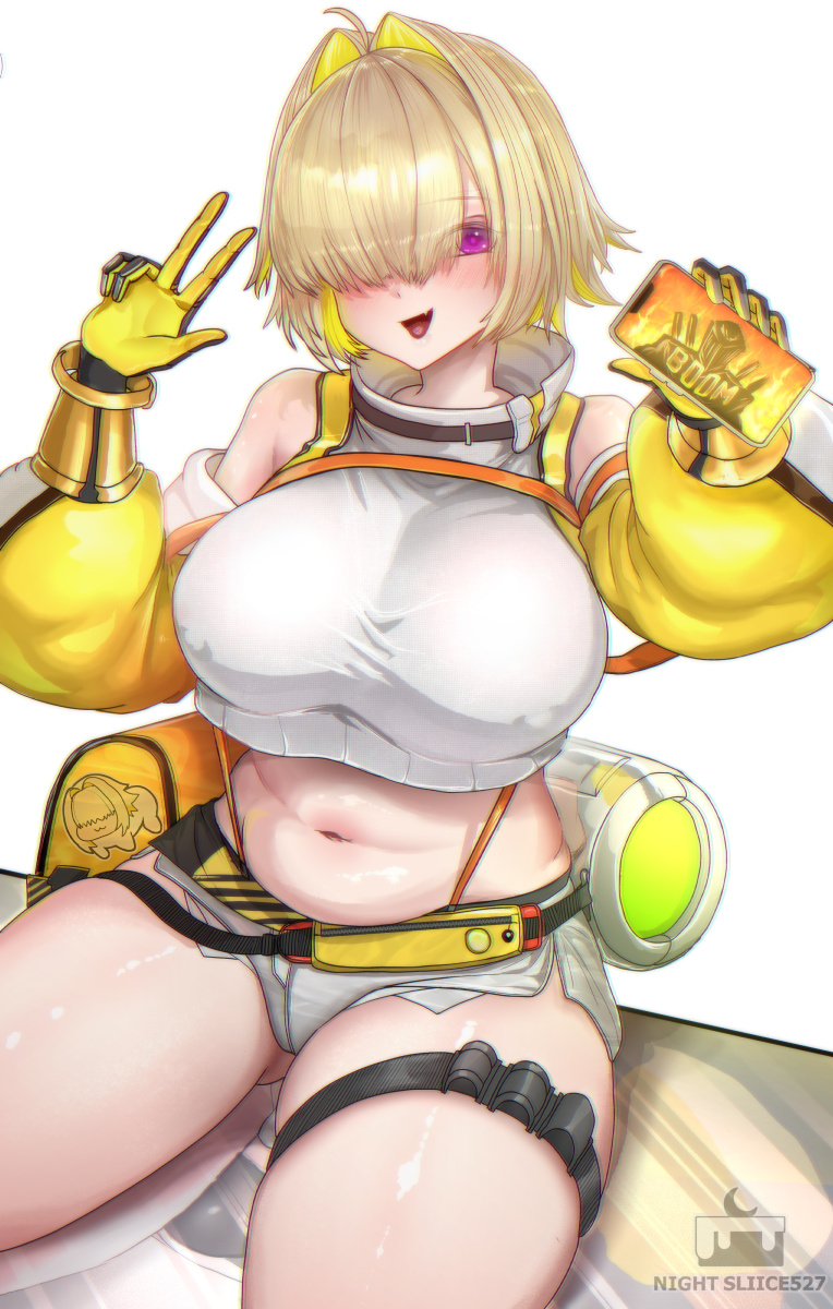 1girl ahoge artist_name bag blonde_hair breasts commentary crop_top detached_sleeves doom_(series) elegg_(nikke) gloves goddess_of_victory:_nikke hair_intakes highres holding holding_phone large_breasts luongnights micro_shorts navel parody phone plump pouch purple_eyes shorts simple_background solo stomach thigh_pouch thighs white_background white_shorts yellow_gloves