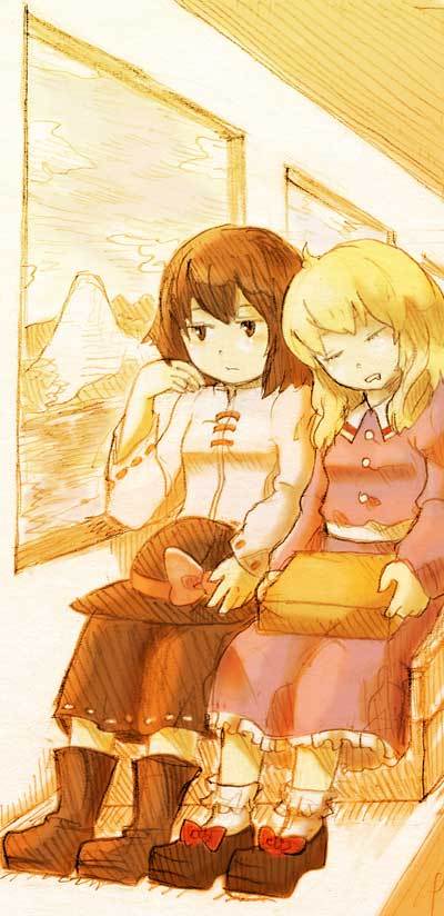 2girls blonde_hair bored brown_hair dress graphite_(medium) hand_on_own_cheek hand_on_own_face head_on_another&#039;s_shoulder ma-hain-scarlet maribel_hearn mountain multiple_girls no_headwear no_headwear retrospective_53_minutes sitting sleeping touhou traditional_media usami_renko