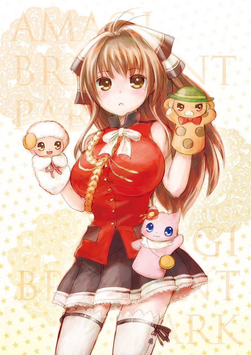 10s 1girl :&lt; amagi_brilliant_park breasts brown_eyes brown_hair hand_puppet highres kitazawa_eri long_hair macaron_(amaburi) moffle ponytail puppet sento_isuzu tiramii
