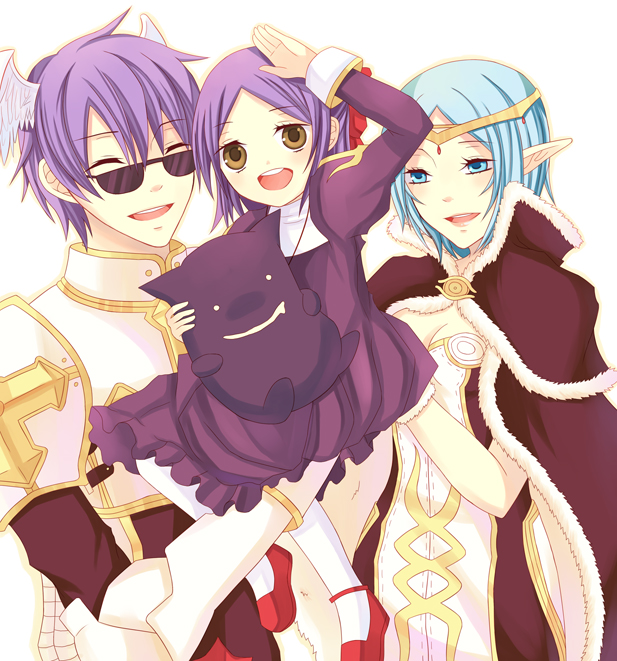 1boy 2girls armor blue_eyes blue_hair breastplate breasts brown_cape brown_dress brown_eyes cape circlet cleavage commentary commission cross deviruchi dress english_commentary feathered_wings fur-trimmed_cape fur_trim gauntlets head_wings high_wizard_(ragnarok_online) juliet_sleeves long_sleeves looking_at_viewer lord_knight_(ragnarok_online) medium_breasts multiple_girls open_mouth pauldrons pointy_ears priest_(ragnarok_online) puffy_sleeves purple_dress purple_hair ragnarok_online rinslette short_hair shoulder_armor simple_background smile sunglasses two-tone_dress upper_body white_background white_dress wings
