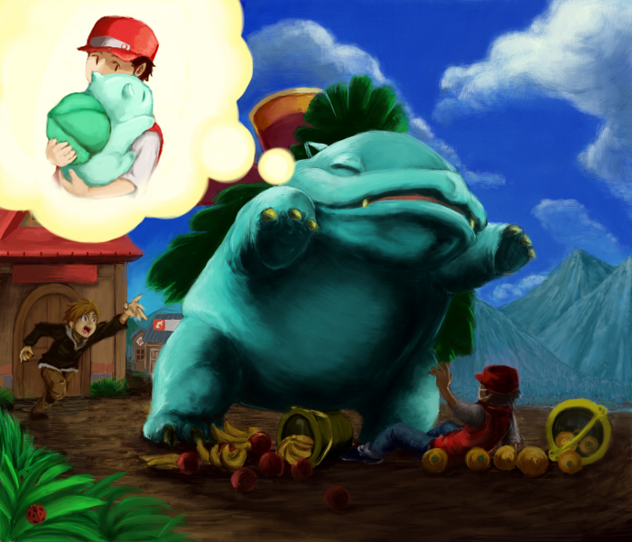 00s 1990s_(style) 2boys banana baseball_cap blue_oak blue_oak_(pokemon_hgss) bug bulbasaur cloud day food fruit gen_1_pokemon geregere_(lantern) hat holding hug imminent_hug incoming_hug insect ladybug mountain multiple_boys nintendo open_mouth pokemon pokemon_(creature) pokemon_hgss pokemon_rgby red_(pokemon) retro_artstyle short_hair sky speech_bubble thought_bubble venusaur