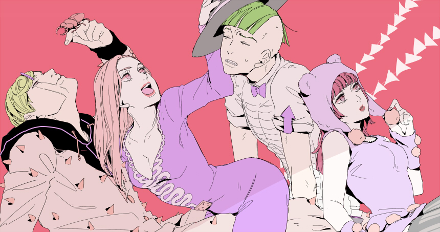 2boys 2girls animal_ears bear_ears bow bowtie breasts cleavage clenched_teeth closed_eyes facial_mark fake_animal_ears green_hair hair_ornament hairclip hat higashikata_daiya higashikata_hato higashikata_jobin higashikata_joshu jojo_no_kimyou_na_bouken jojolion lipstick makeup moku_(mocm) multiple_boys multiple_girls pink_eyes pink_hair pink_lips siblings striped_clothes striped_legwear striped_thighhighs sweatdrop teeth thighhighs vertical-striped_clothes vertical-striped_thighhighs