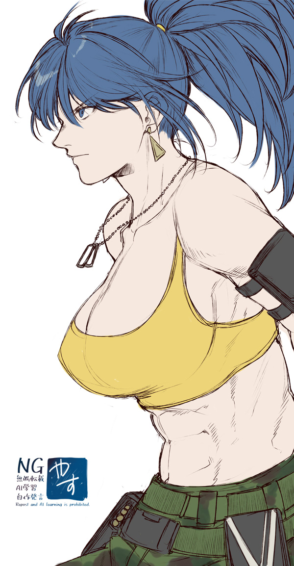 1girl abs arm_pouch bare_arms bare_shoulders belt blue_eyes blue_hair breasts collarbone crop_top dog_tags earrings jewelry leona_heidern muscular muscular_female ponytail soldier solo tank_top the_king_of_fighters the_king_of_fighters_xv triangle_earrings yasunososaku yellow_tank_top