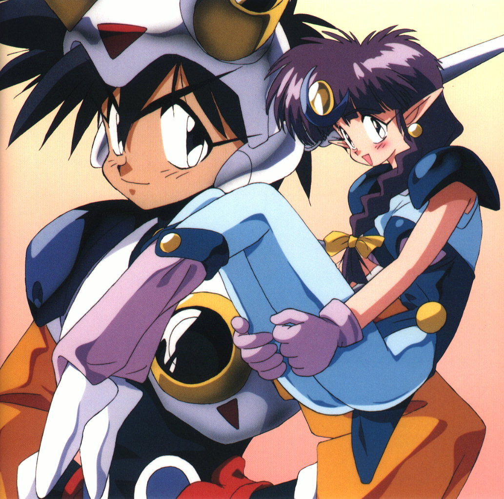 1990s_(style) 1boy 1girl arara_cocoa armor baba_lamune black_eyes black_hair blush braid earrings gloves hair_ornament hair_over_shoulder hands_on_own_hips headgear jewelry long_hair long_sleeves low-tied_long_hair ng_knight_lamune_&amp;_40 non-web_source official_art open_mouth pantyhose pointy_ears purple_hair retro_artstyle scan short_hair single_braid sleeveless smile