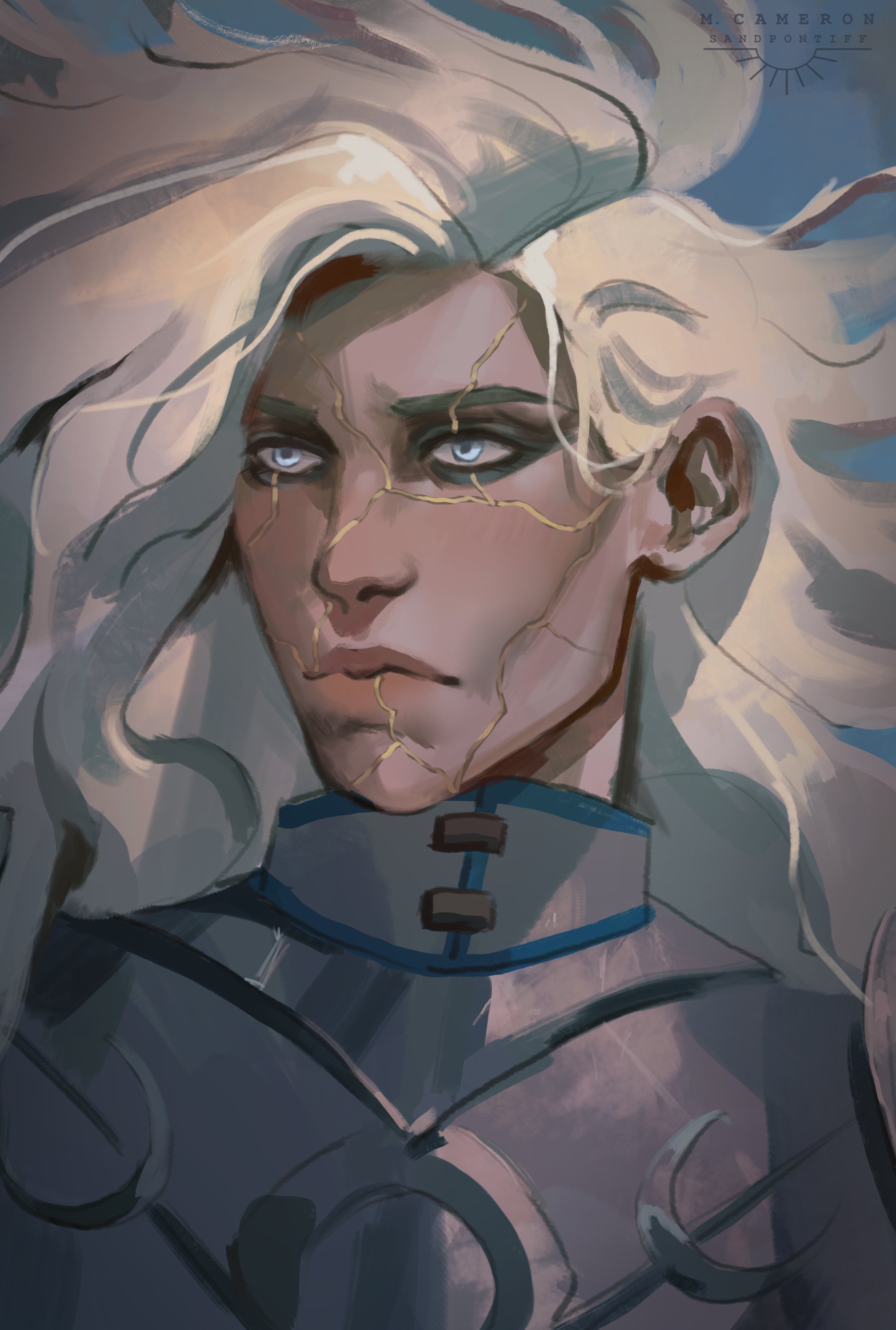 1girl absurdres angel armor baldur&#039;s_gate baldur&#039;s_gate_3 blonde_hair blue_eyes cracked_skin dame_aylin expressionless eyeshadow highres makeup paladin portrait sandpontiff