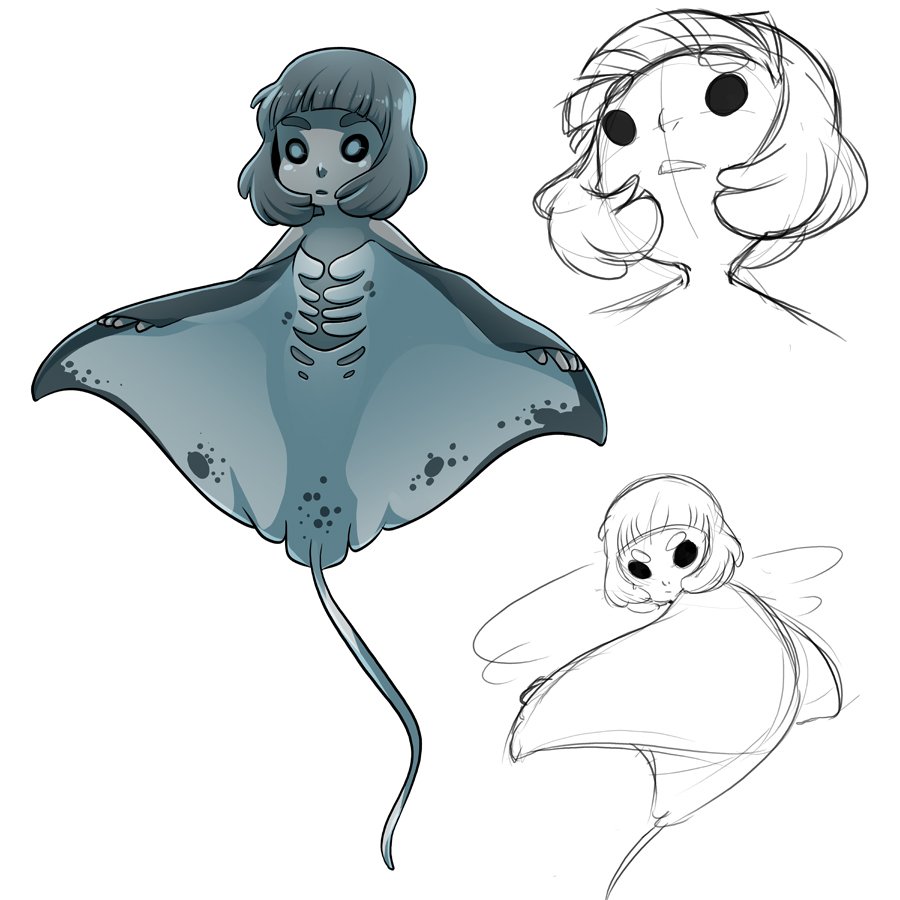 &gt;:( 1girl :o black_sclera blue_eyes colored_sclera colored_skin concept_art dots flat_chest full_body grey_hair looking_at_viewer looking_back manta_ray manta_ray_girl mary_cagle medium_hair monster_girl multicolored_skin no_pupils original parted_lips simple_background sketch solo striped_skin tail v-shaped_eyebrows white_background