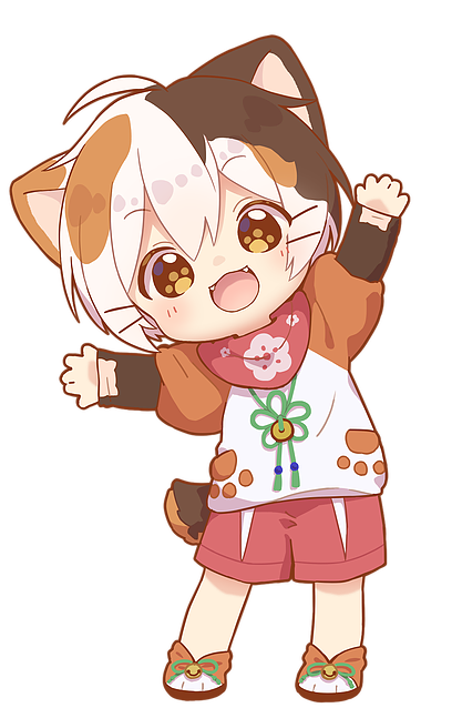1boy animal_ears blush brown_eyes brown_hair cat_boy cat_ears full_body hair_between_eyes indie_virtual_youtuber male_focus multicolored_hair nipeira orange_hair original scarf solo tail tatamaru_(vtuber) virtual_youtuber white_hair