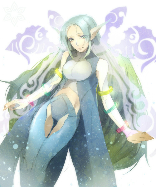 1girl artist_request blue_dress bracelet breasts crotchless crotchless_pantyhose dress fairy_wings green_hair jewelry long_hair looking_at_viewer medium_breasts multicolored_hair muzet_(tales) pantyhose parted_bangs pointy_ears sleeveless sleeveless_dress tales_of_(series) tales_of_xillia traditional_media two-tone_hair very_long_hair wings yellow_eyes