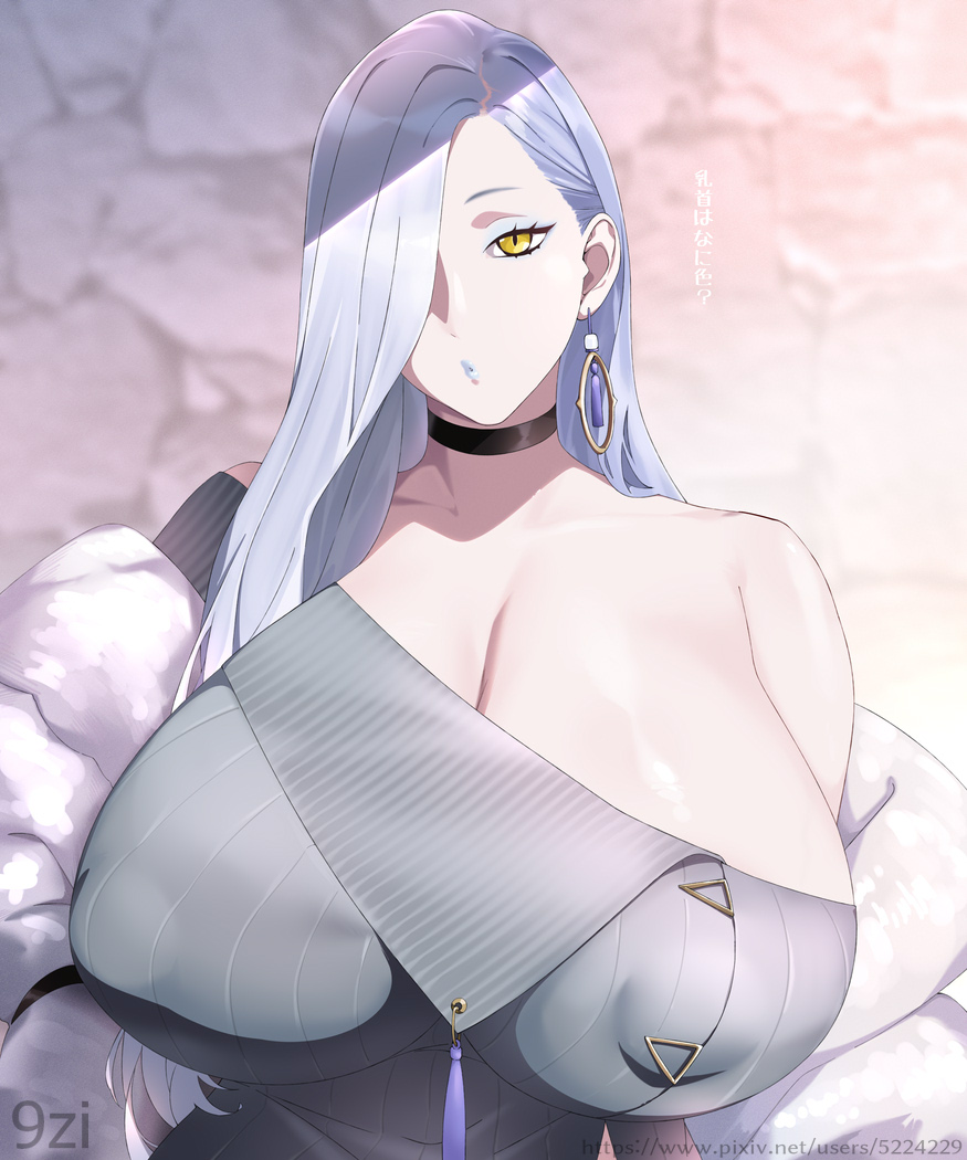 1girl bare_shoulders blue_lips breasts choker cleavage collarbone covered_erect_nipples dress earrings eyeliner fate/grand_order fate_(series) grey_dress hair_over_one_eye hoop_earrings huge_breasts jacket jewelry long_hair long_sleeves looking_at_viewer makeup off_shoulder mrs._snake_(fate) parted_lips shoujo_donburi solo sweater sweater_dress tassel translation_request white_hair white_jacket yellow_eyes