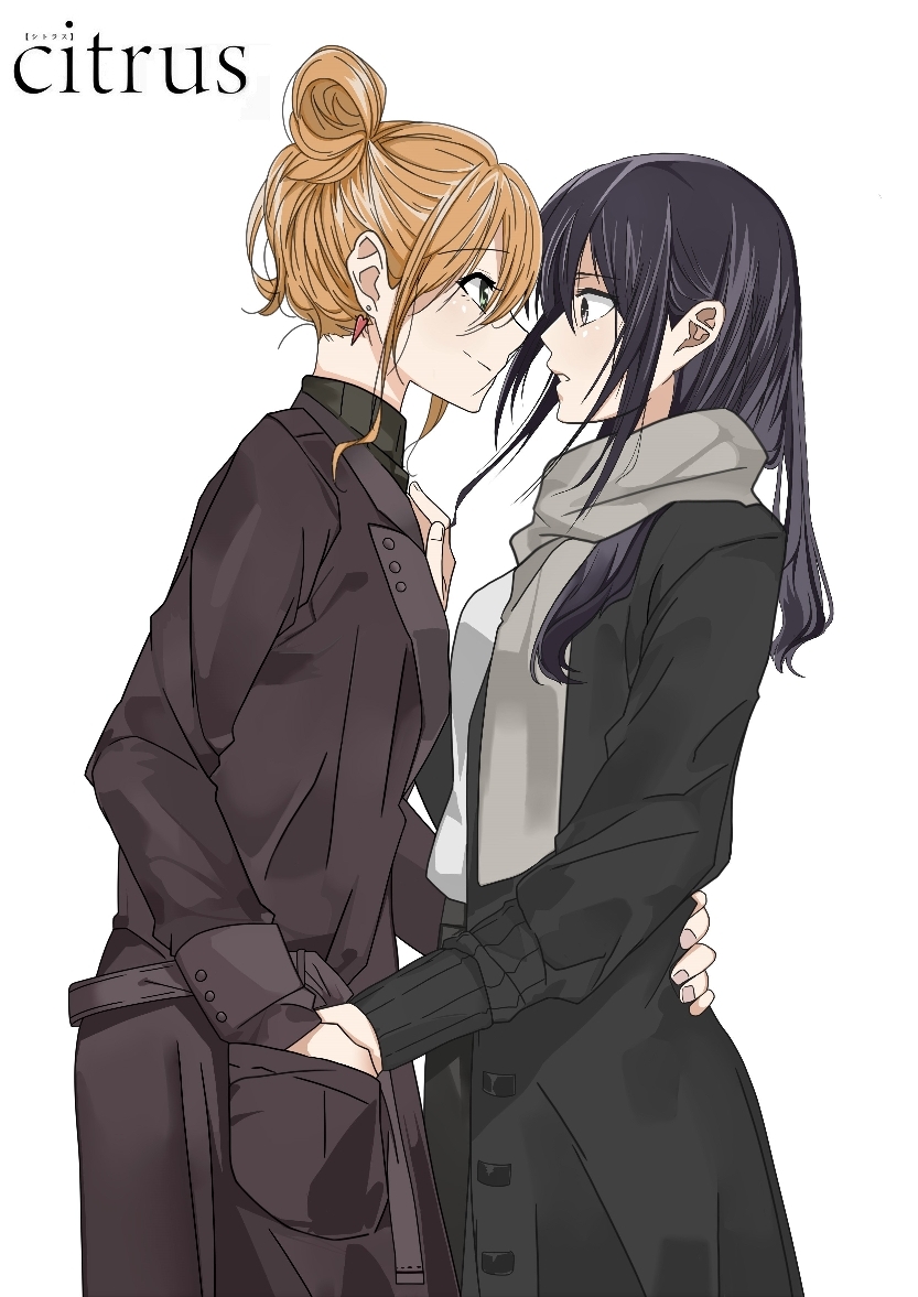 2girls aihara_mei aihara_yuzu black_hair blonde_hair blush breasts citrus_(saburouta) ear_blush earrings green_eyes jewelry kuaixue_shiqing long_hair medium_breasts multiple_girls open_mouth purple_eyes siblings sisters smile step-siblings wife_and_wife yuri