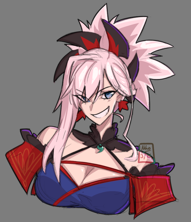 1girl bare_shoulders blue_eyes breasts cleavage fate/grand_order fate_(series) grin kamuify miyamoto_musashi_(fate) pink_hair smile upper_body