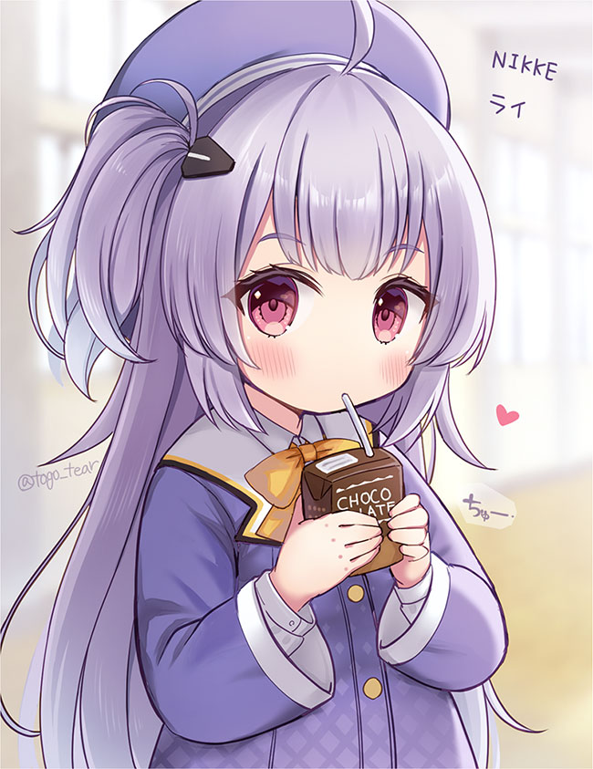 1girl ahoge beret blue_hair blush bow bowtie character_name chocolate_milk commentary_request cowboy_shot drinking_straw drinking_straw_in_mouth goddess_of_victory:_nikke gradient_hair hat jacket long_hair long_sleeves looking_at_viewer multicolored_hair one_side_up purple_eyes purple_hair purple_hat purple_jacket rei_(nikke) school_uniform shirt sidelocks skirt solo standing tougo twitter_username white_shirt yellow_bow yellow_bowtie
