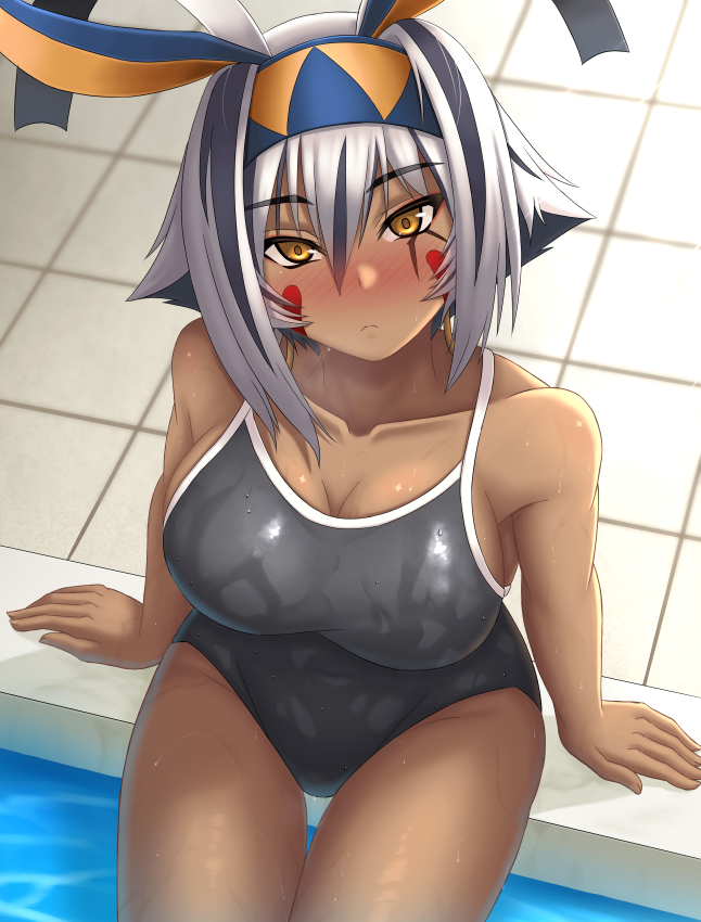 1girl animal_ears antenna_hair bare_shoulders black_hair black_one-piece_swimsuit blush breasts chuppa_(katotsuba) cleavage collarbone colored_inner_hair dark-skinned_female dark_skin earrings facepaint facial_mark fate/grand_order fate_(series) hairband hoop_earrings jackal_ears jewelry looking_at_viewer medium_breasts multicolored_hair nitocris_(fate) nitocris_alter_(fate) one-piece_swimsuit pool poolside short_hair sidelocks sitting solo streaked_hair swimsuit thighs white_hair yellow_eyes