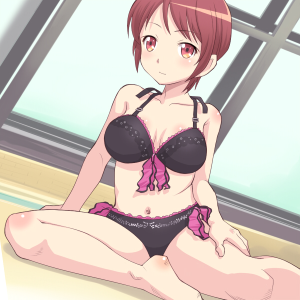 1girl animification bikini black_bikini black_bra black_panties bra breasts brown_eyes brown_hair female_focus indoors kamen_rider kamen_rider_fourze_(series) kazashiro_miu lace lace-trimmed_bikini lace_trim lingerie looking_to_the_side medium_breasts meow_(nekodenki) navel panties pool poolside rei_no_pool sitting solo swimsuit underwear window