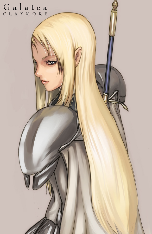 1girl armor blonde_hair blue_eyes cape character_name claymore_(series) claymore_(sword) closed_mouth copyright_name female_focus galatea grey_background long_hair looking_at_viewer looking_back pauldrons shoulder_armor simple_background smile solo standing tea_(nakenashi) upper_body weapon weapon_on_back white_cape