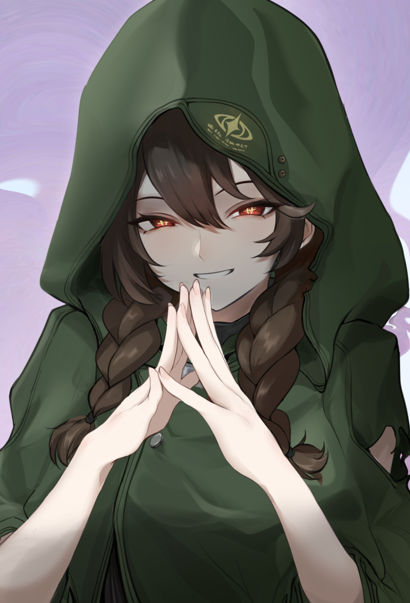 1girl black_hair blue_sky braid cloak cloud cradle_(pgr) eye_symbol hood hooded_cloak long_hair looking_at_viewer parted_lips punishing:_gray_raven red_eyes road757 sky smile solo steepled_fingers symbol-shaped_pupils twin_braids